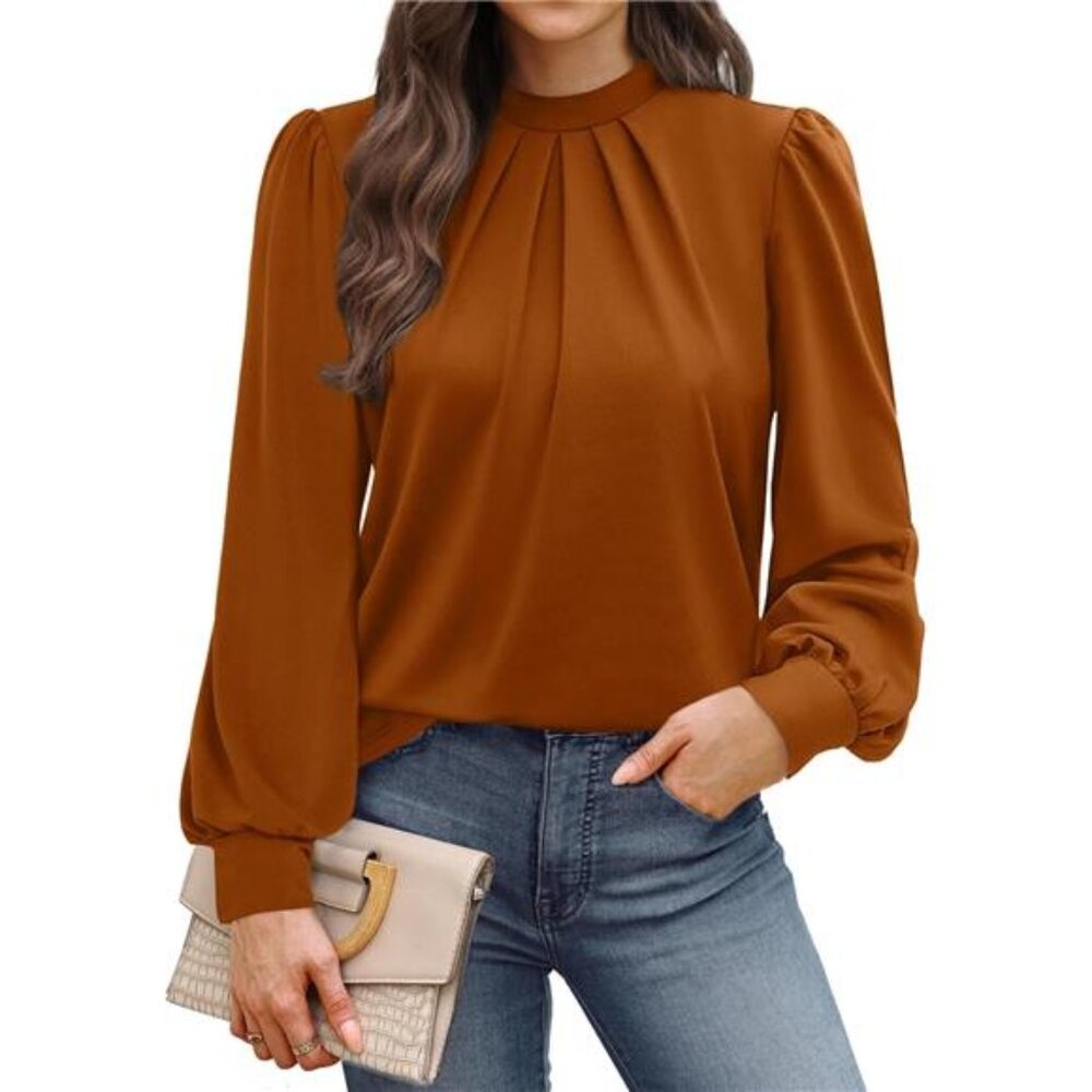 Long Sleeve Shirts for Women Mock Neck Tops Pleated Front Blouses Dressy Casual